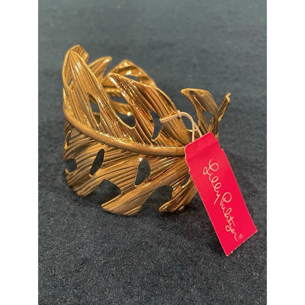 New Lilly Pulitzer Gold tone Metallic Cuff Feather Adjustable bracelet NWT